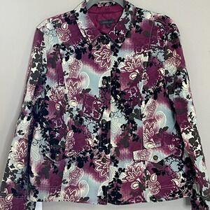 Amber Sun Woman's XL Floral Paisley  Jacket Boho Cropped Burgundy Blue Satin